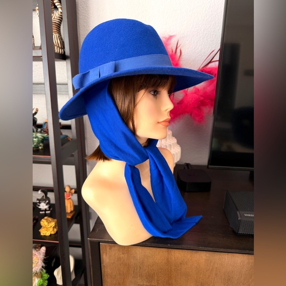 Vintage Blue Wool Fedora Hat with Scarf - Picture 5 of 9